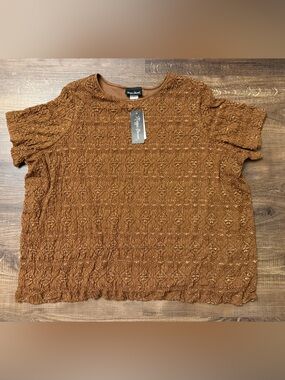 Maggie Barnes 2X Brown Metallic Lace Shimmer Short Sleeve Top NWT
